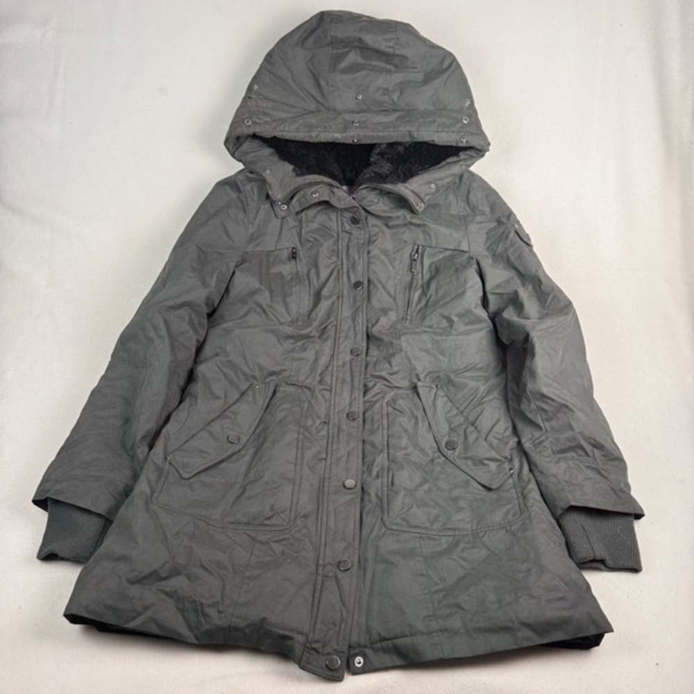 Badgley Mischka Womens Charcoal Grey‎ Faux Fur Hooded Quilted Parka Jacket Coat